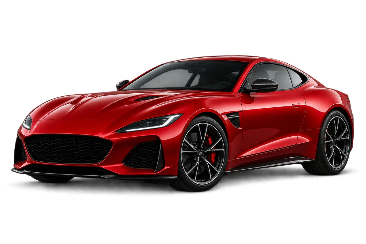 Cupê esportivo vermelho em vista frontal de três quartos